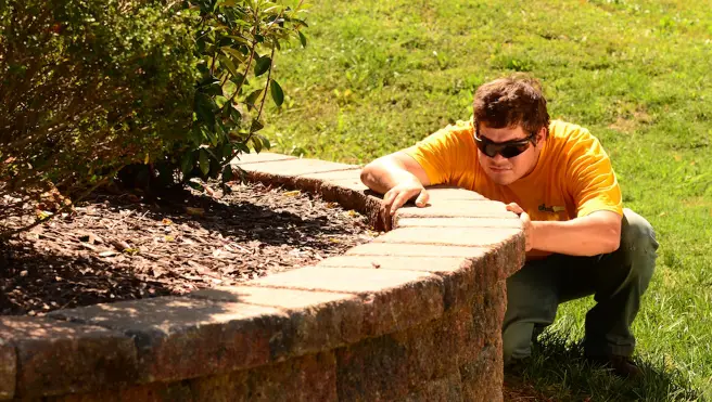 The Grounds Guys service professional inspecting a concrete-block retaining wall.