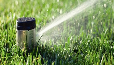 A sprinkler spraying a stream of water onto grass.
