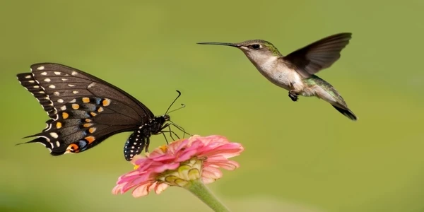 Hummingbird and butterfly flying near a flower.