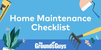 Landscaping graphic with text: Home maintenance checklist.