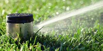 A sprinkler spraying a stream of water onto grass.