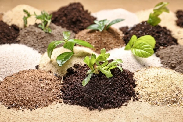 Clumps of different types of soil with small leaves growing out of them.